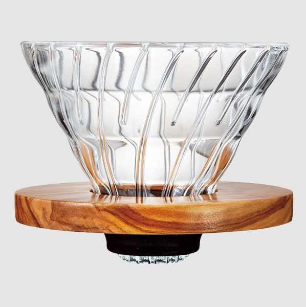 Воронка стеклянная для приготовления кофе Hario Olive Wood, V60-01, с деревянной подставкой